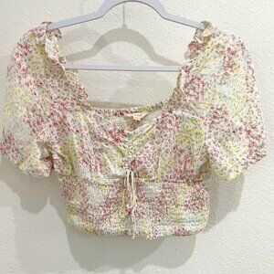 Sim & Sam Boho Cottagecore Floral Top Ruched Feminine Ruffle Romantic Crop Top